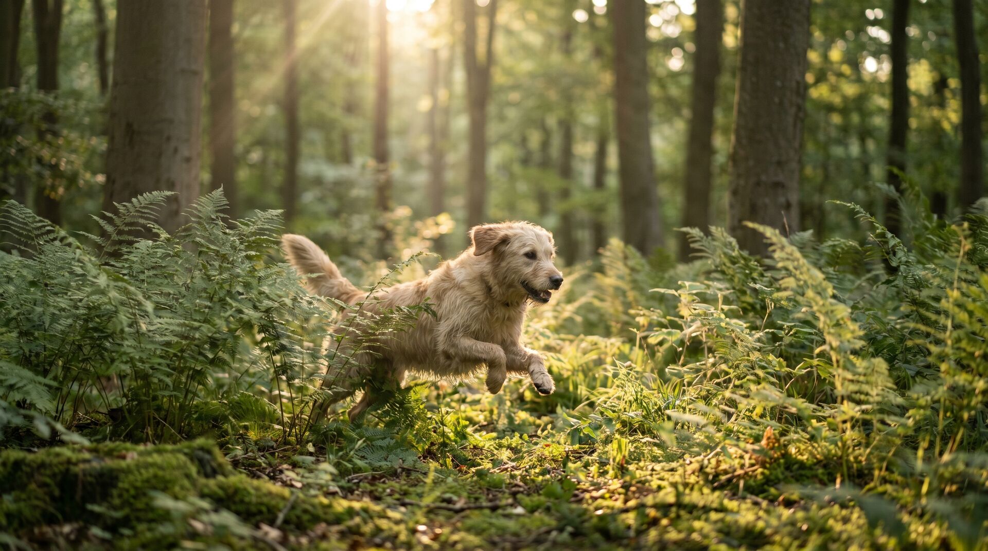 Fröhlicher Hund, der durch einen dänischen Hundewald rennt