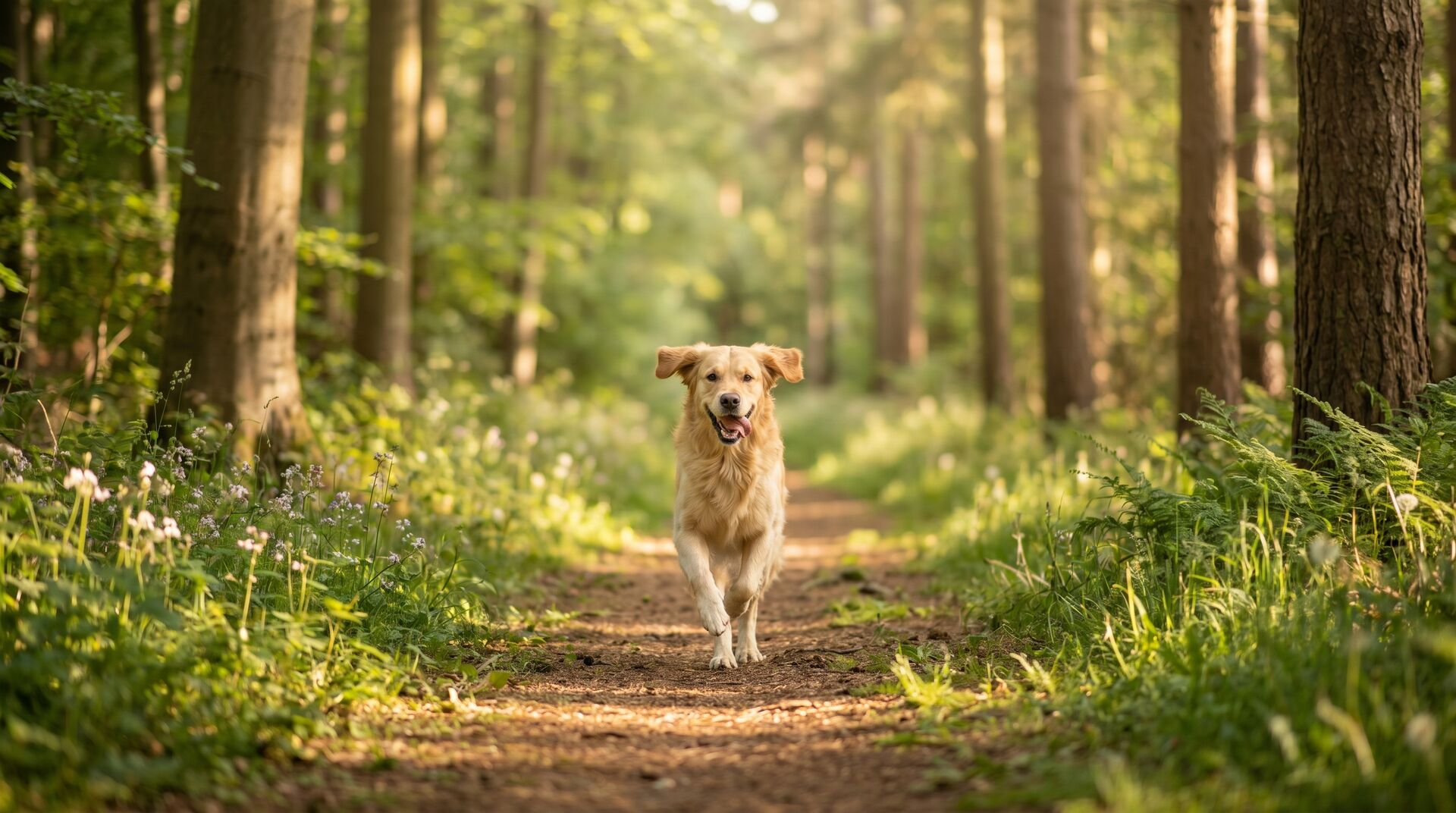 Glad hund der løber i en dansk hundeskov