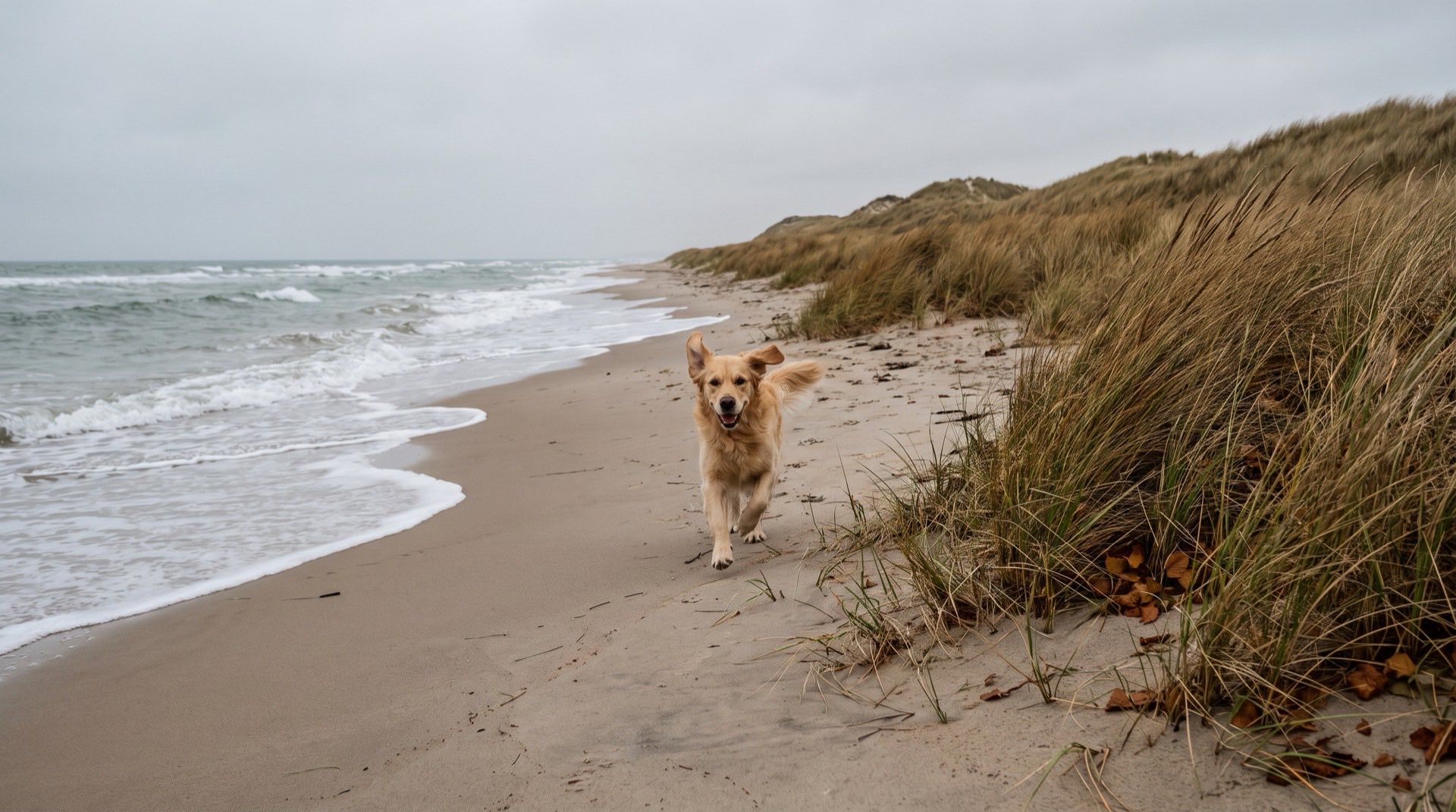 Hund løber frit på en dansk hundestrand