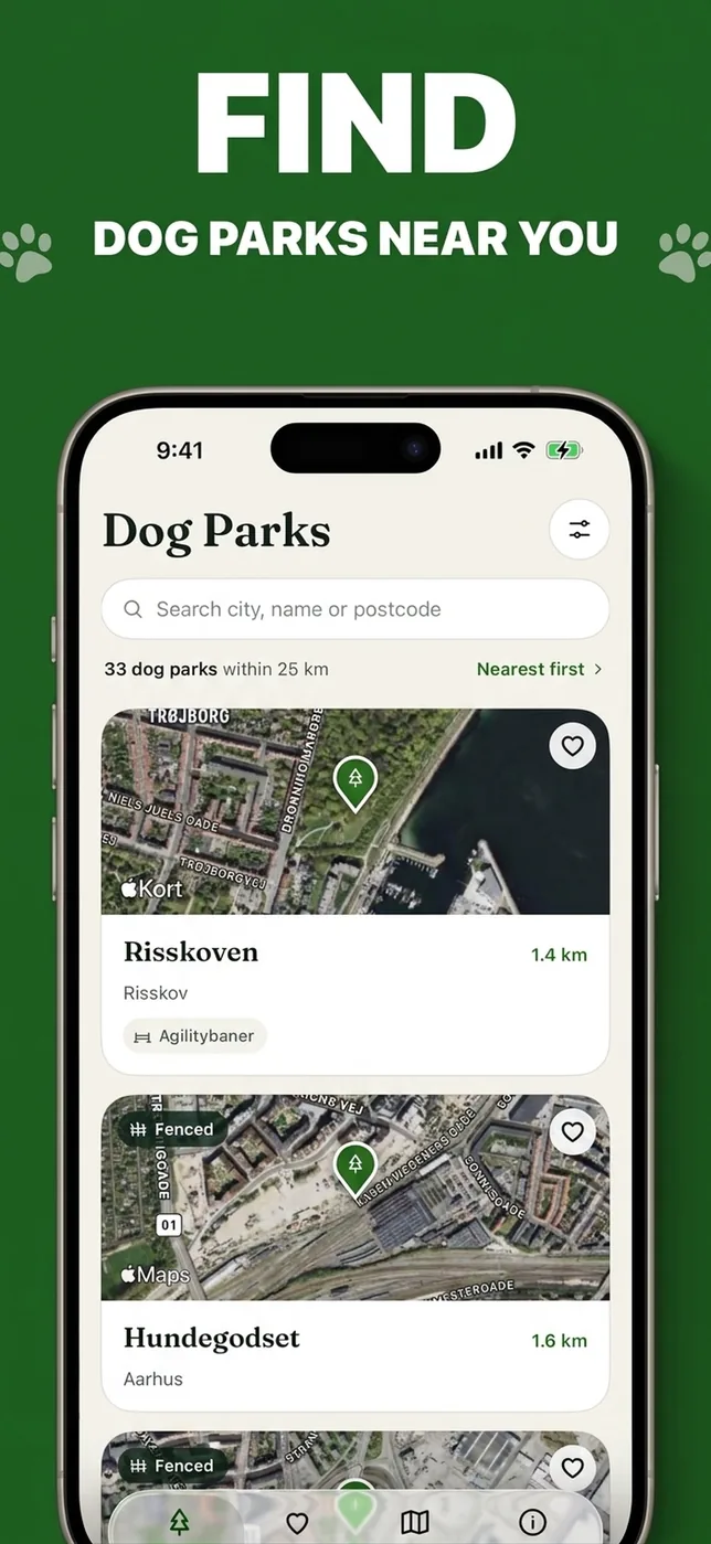 Screenshot aus der Hundeskoven-App: Hundewälder in deiner Nähe