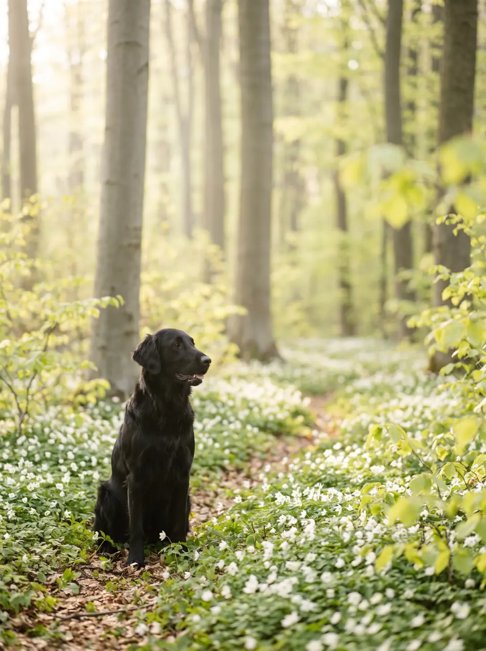 Sort retriever i en bøgeskov med hvide anemoner om foråret