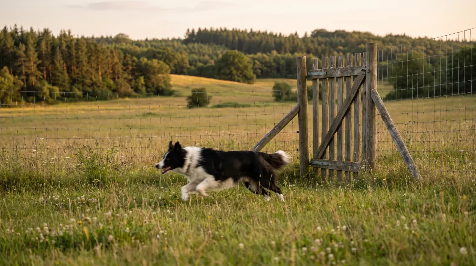 Border collie løber alene i en privat indhegnet hundeskov