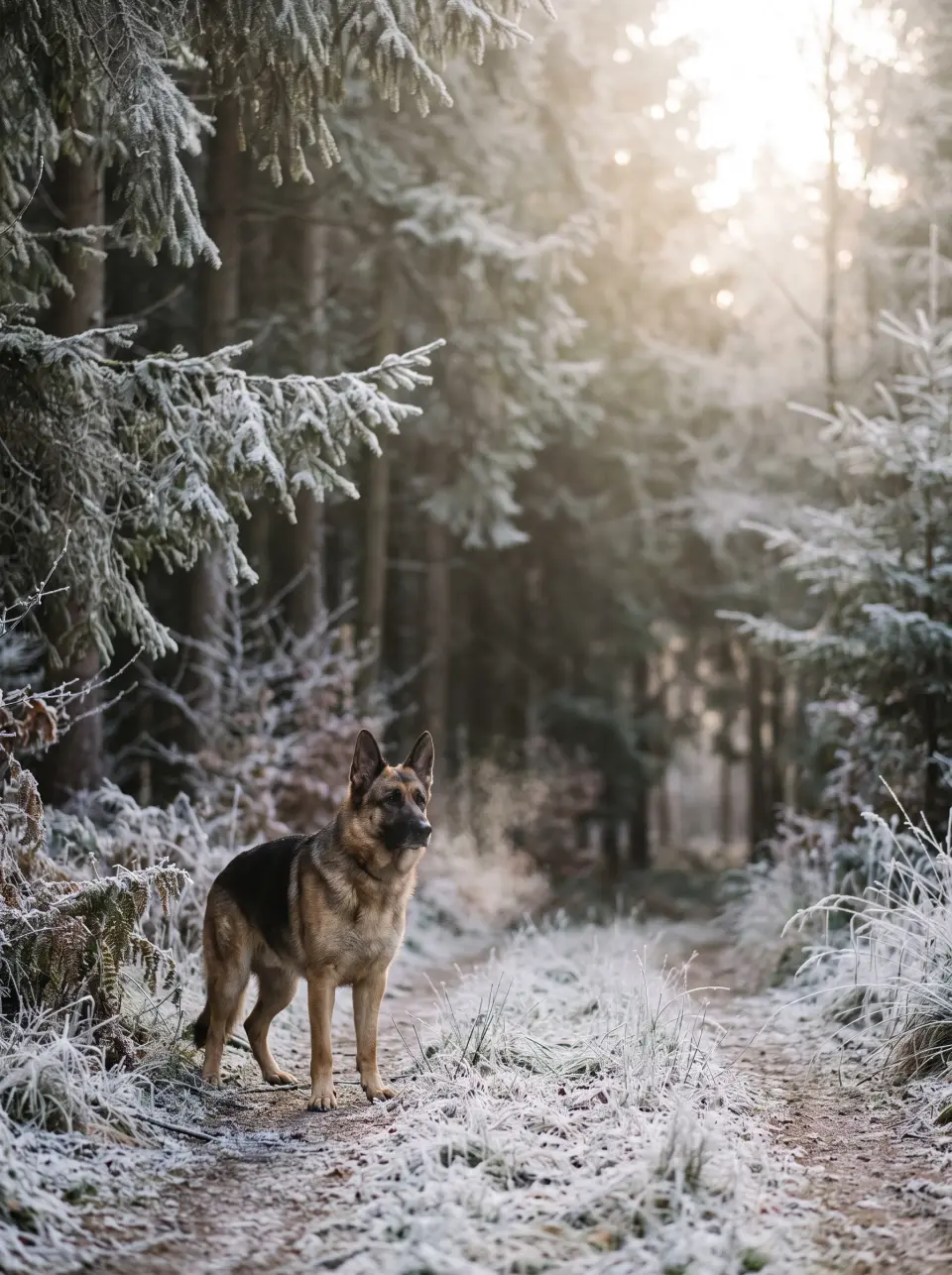 Schæferhund på en rimfrossen skovsti en vintermorgen