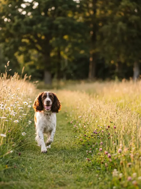 Hund løber frit på en eng