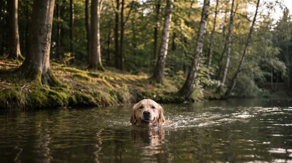 Golden retriever svømmer i en skovsø i en dansk hundeskov