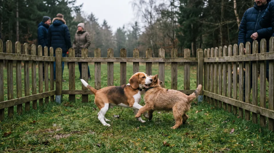 To unge hunde leger i en indhegnet hvalpegård