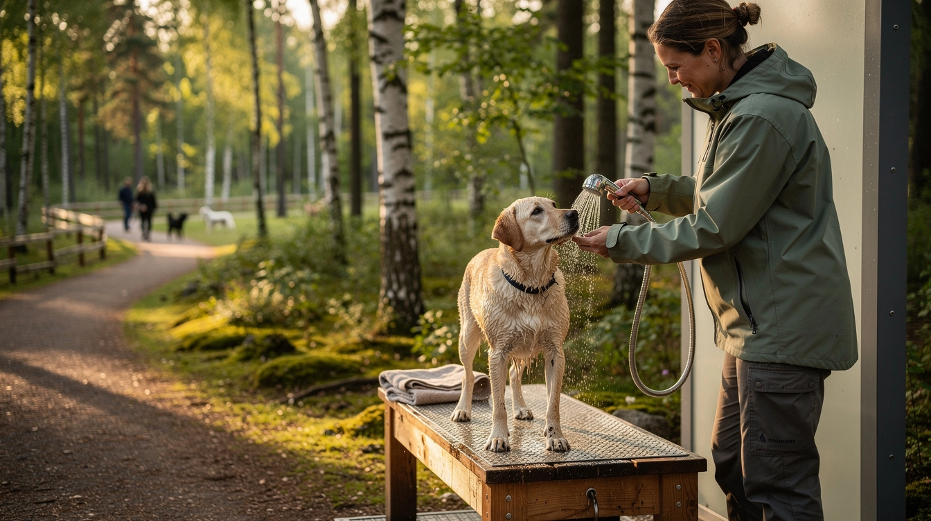 Hundeskov med hundebad: Skyl hunden efter naturturen